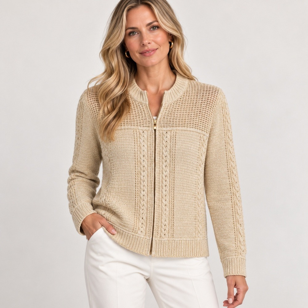 St John Gold Metallic Cable Knit Full Zip Cardigan Sweater XL Wool Blend Neutral